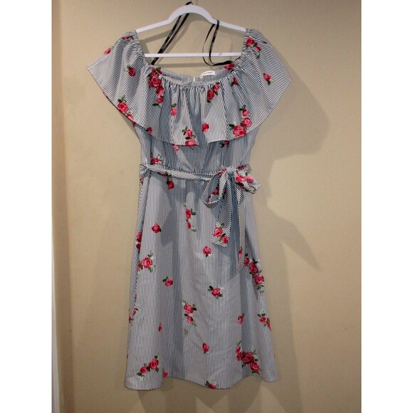 Calvin Klein Off the Shoulder Pinstripe Floral Strapless Dress Sz 12Embroidered - Picture 1 of 3